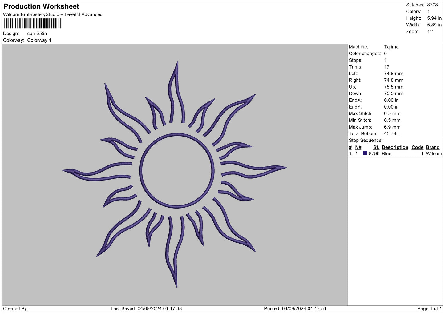Sun Outline 01 Embroidery File 6 sizes