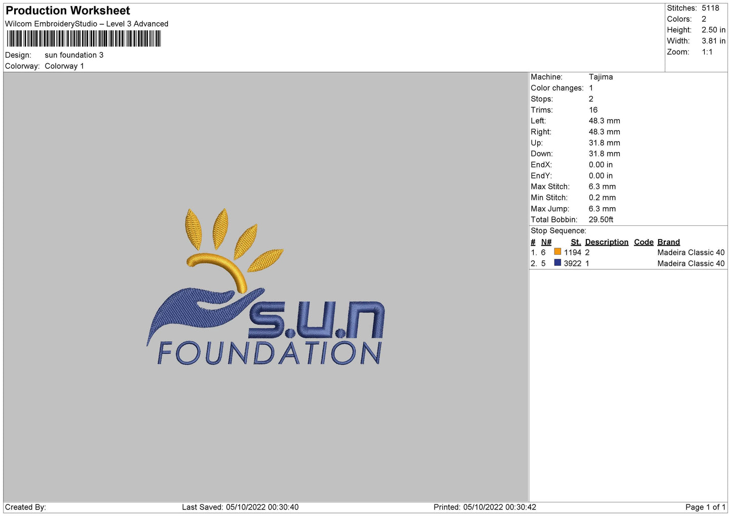 Sun Foundation Embroidery File 5 sizes