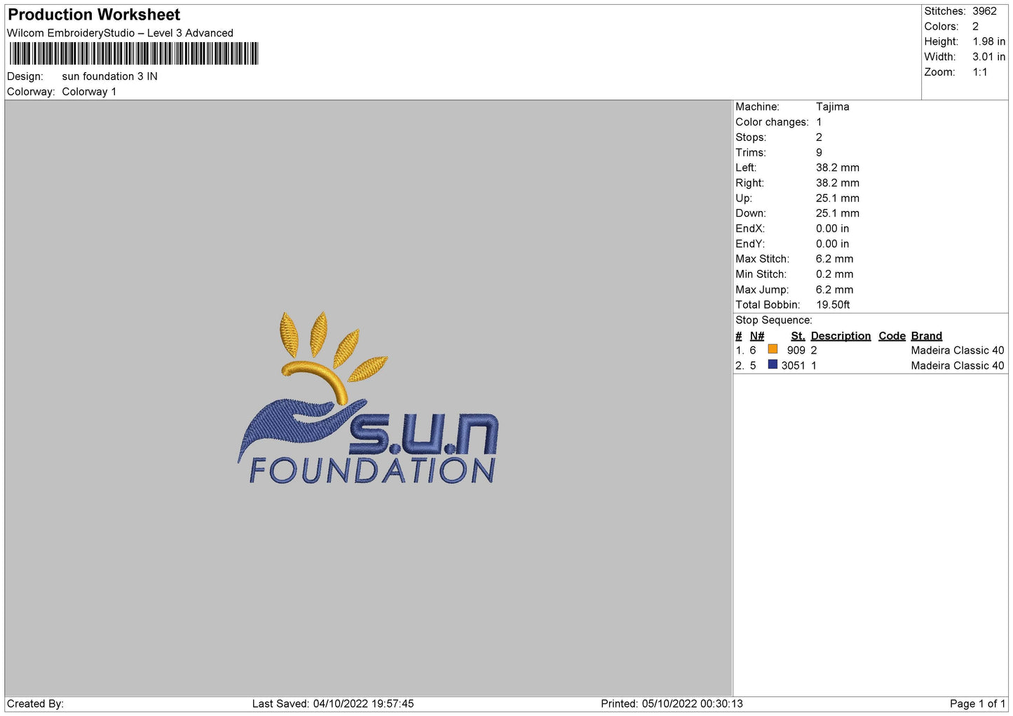 Sun Foundation Embroidery File 5 sizes