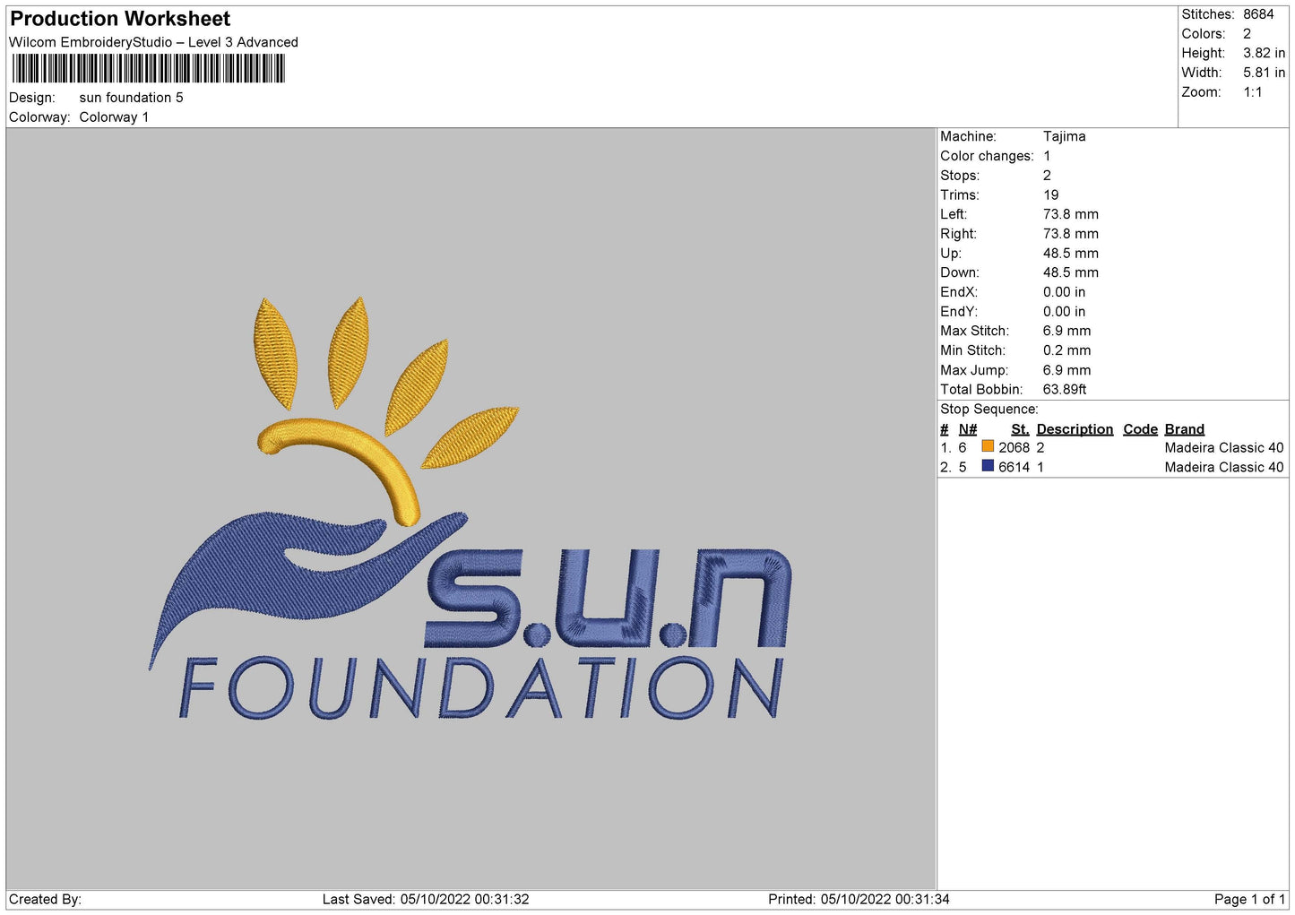Sun Foundation Embroidery File 5 sizes