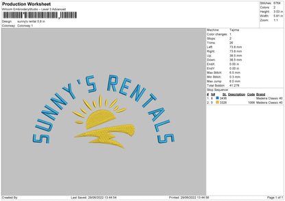 Sunny's Rental Embroidery File 4 sizes