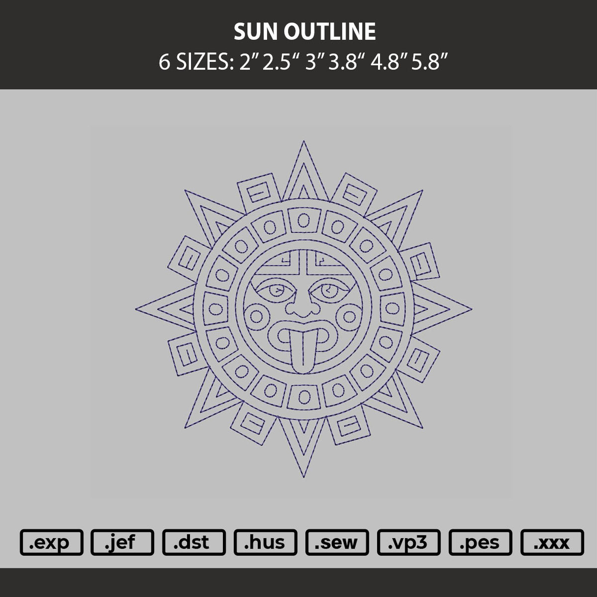 Sun Outline Embroidery Machine Design File 6 sizes
