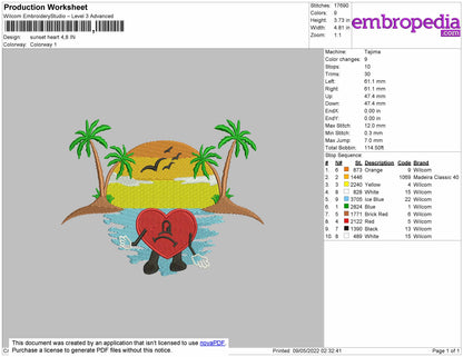 Sunset Heart Embroidery File 4 size