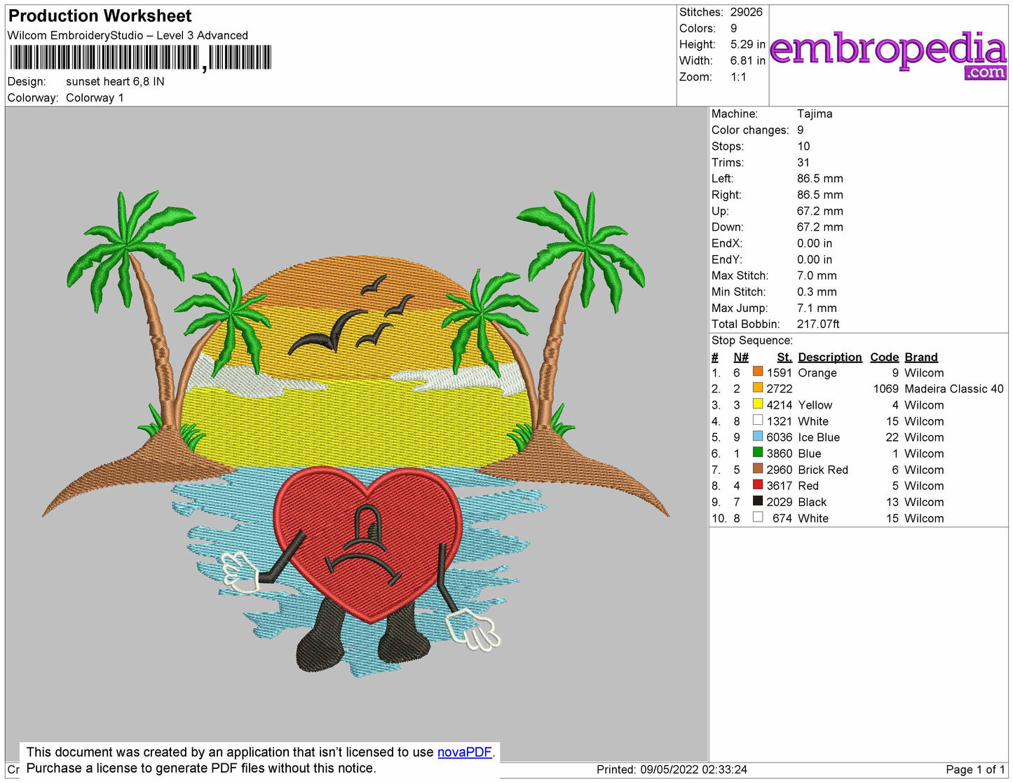 Sunset Heart Embroidery File 4 size