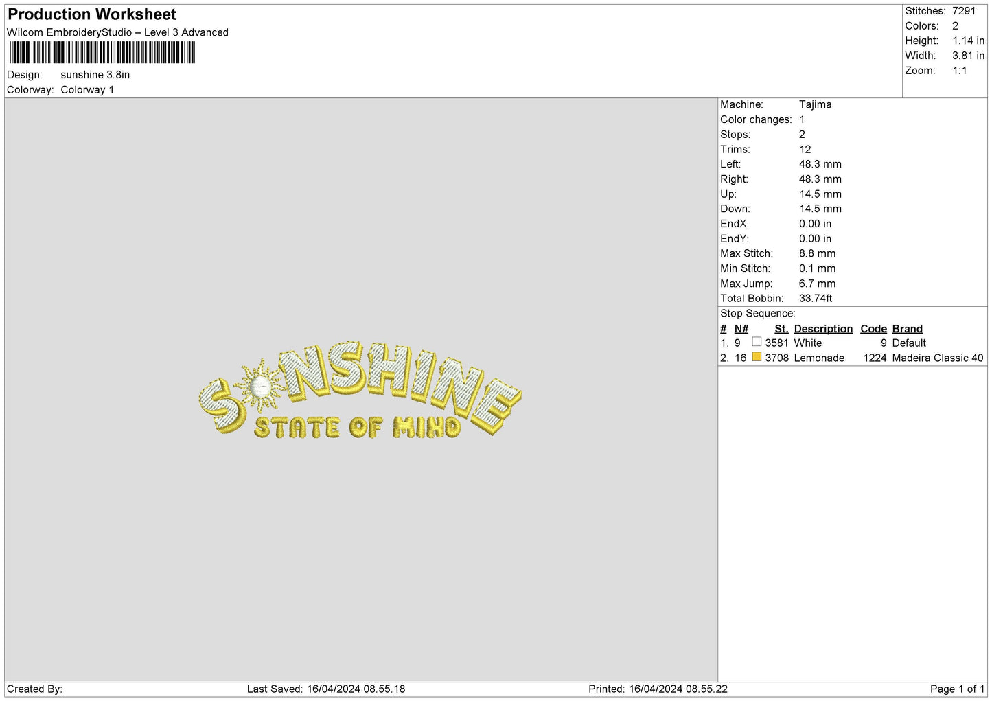 Sunshine Embroidery File 6 sizes