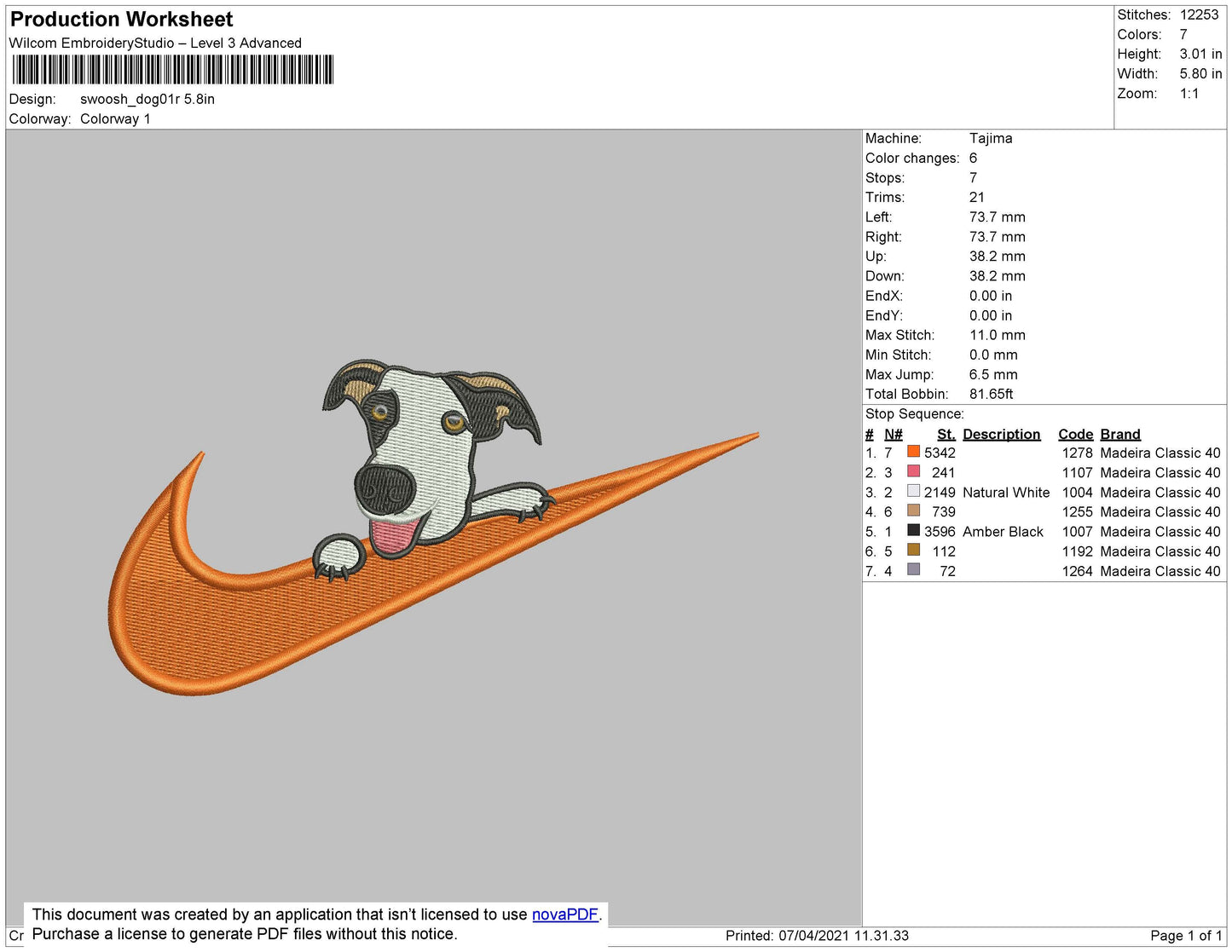 Swoosh Dog Embroidery File 4 size