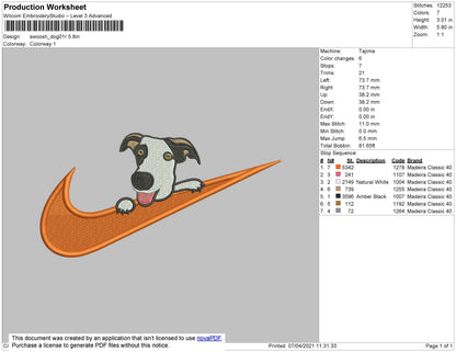 Swoosh Dog Embroidery File 4 size