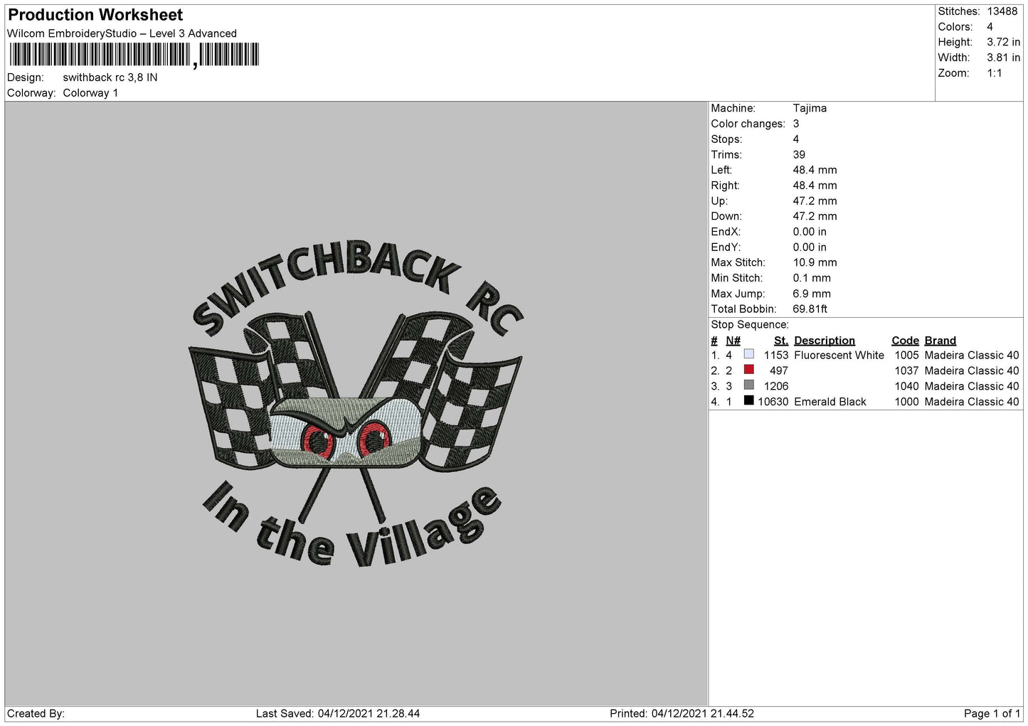Switchback RC Embroidery File 4 size