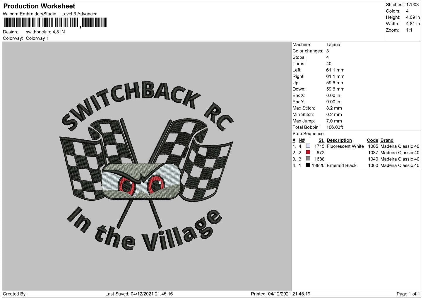 Switchback RC Embroidery File 4 size