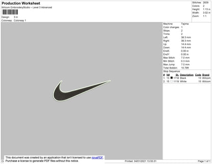 Nike Swoosh 2 Color Embroidery File 9 Size