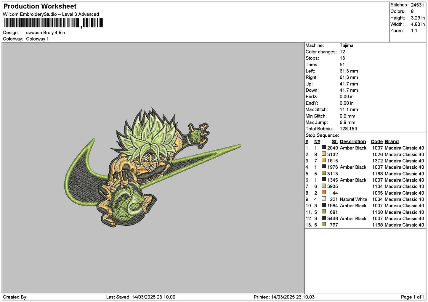 Swoosh Green Goku Embroidery Design File 6 sizes