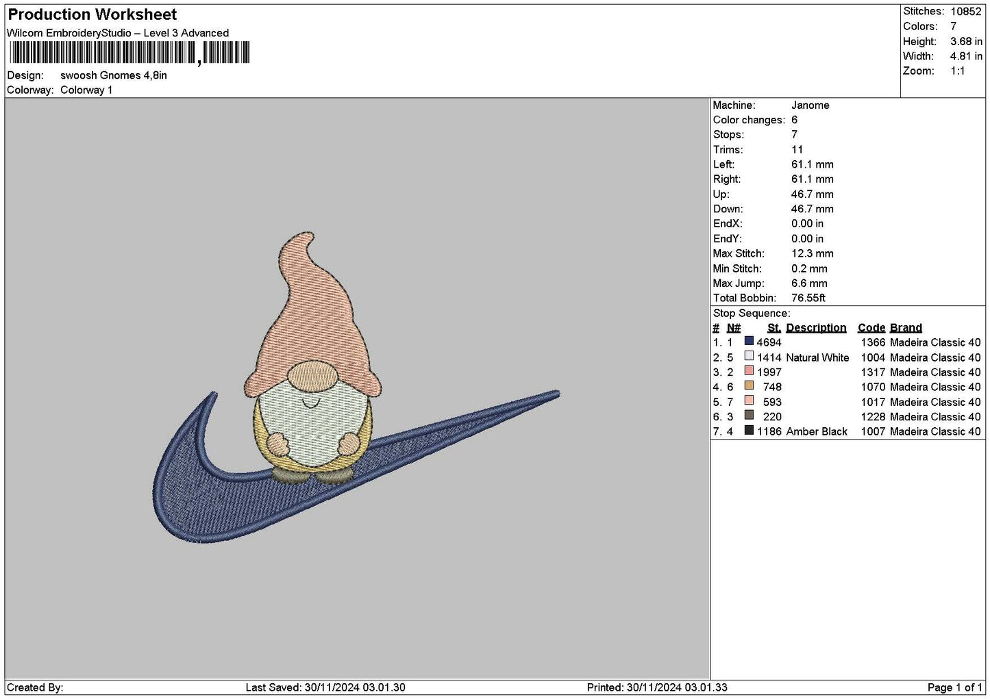 Swoosh Gnomes Embroidery File 6 sizes