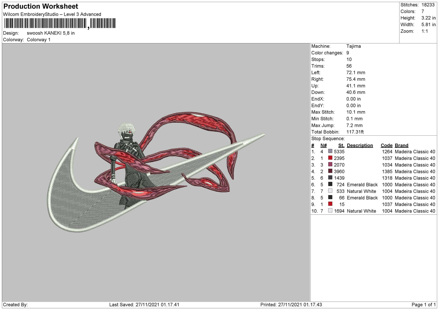 Swoosh Kaneki Embroidery File 8 size