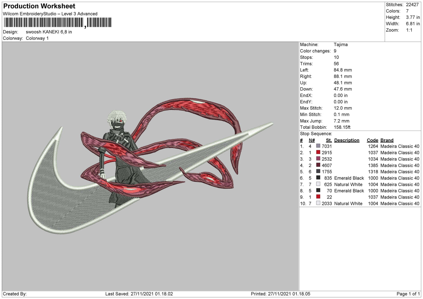 Swoosh Kaneki Embroidery File 8 size