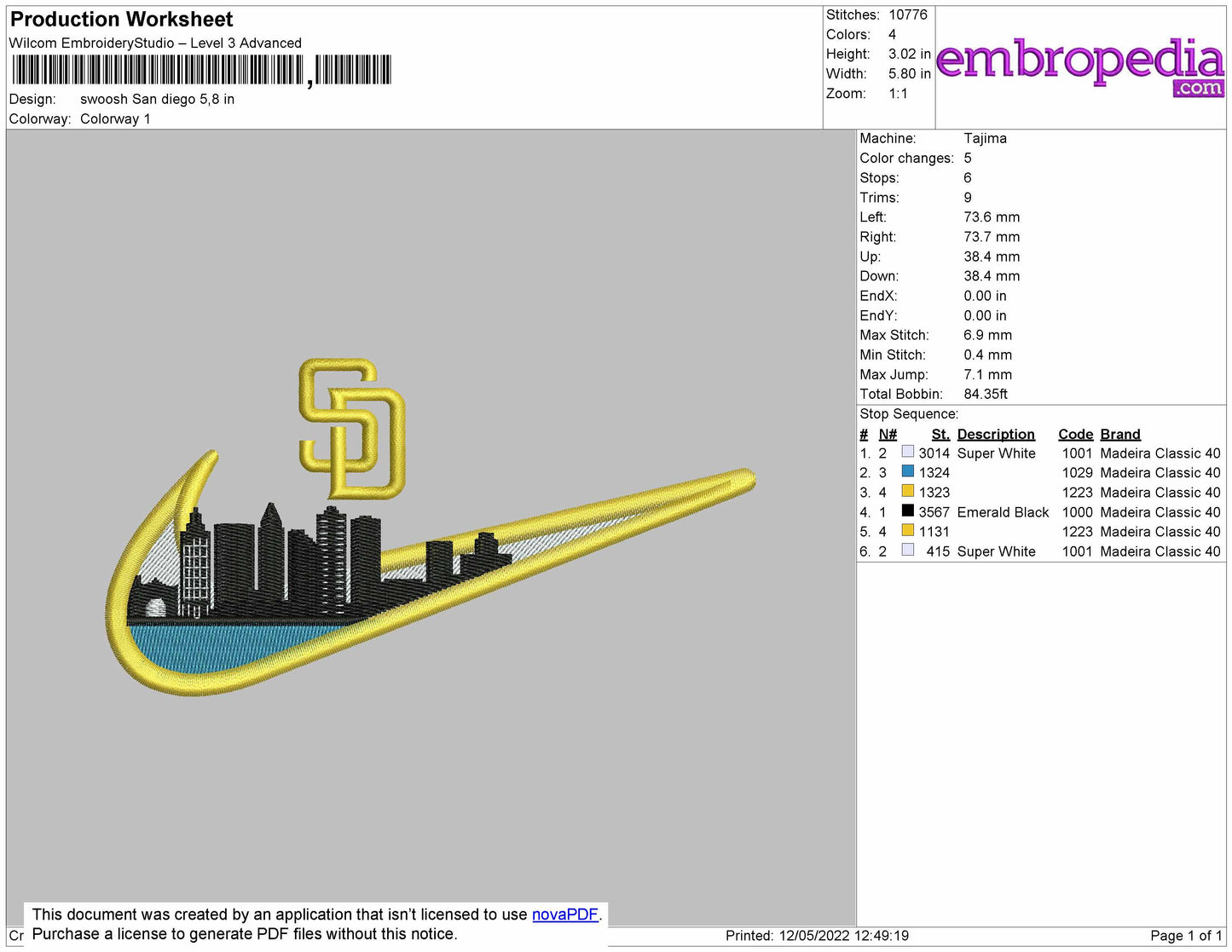 Swoosh San Diego Embroidery File 4 size