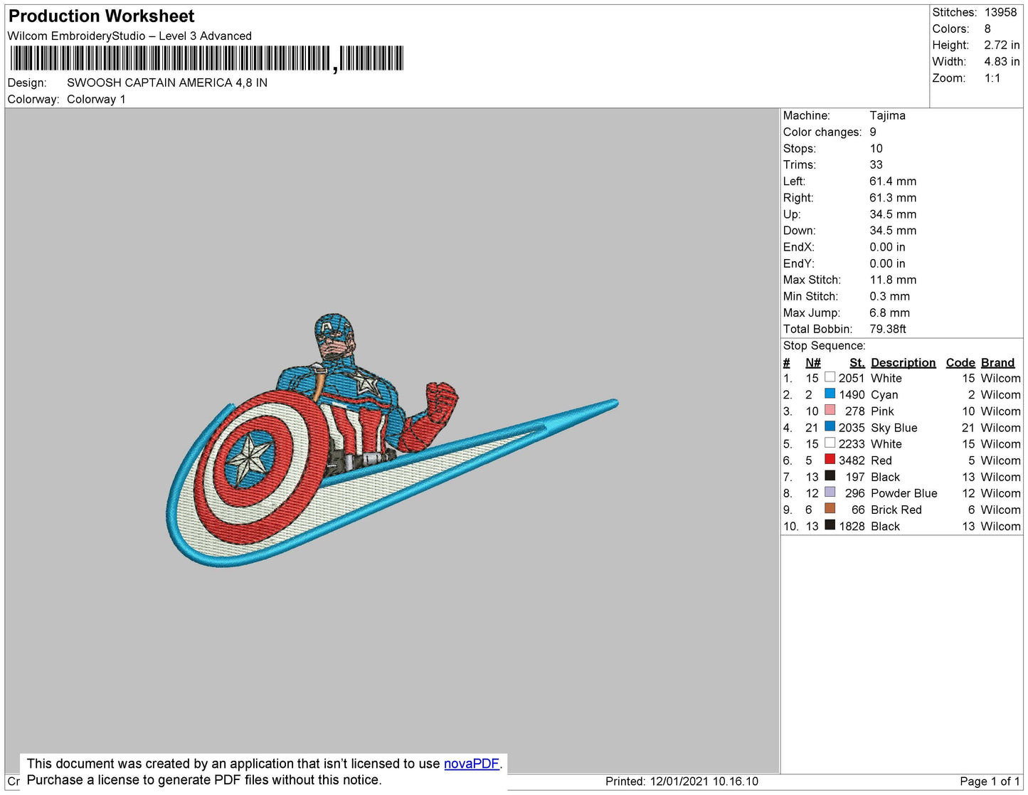 Swoosh Captain America Embroidery File 4 size