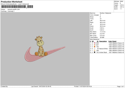 Swoosh Giraffe Embroidery File 6 sizes
