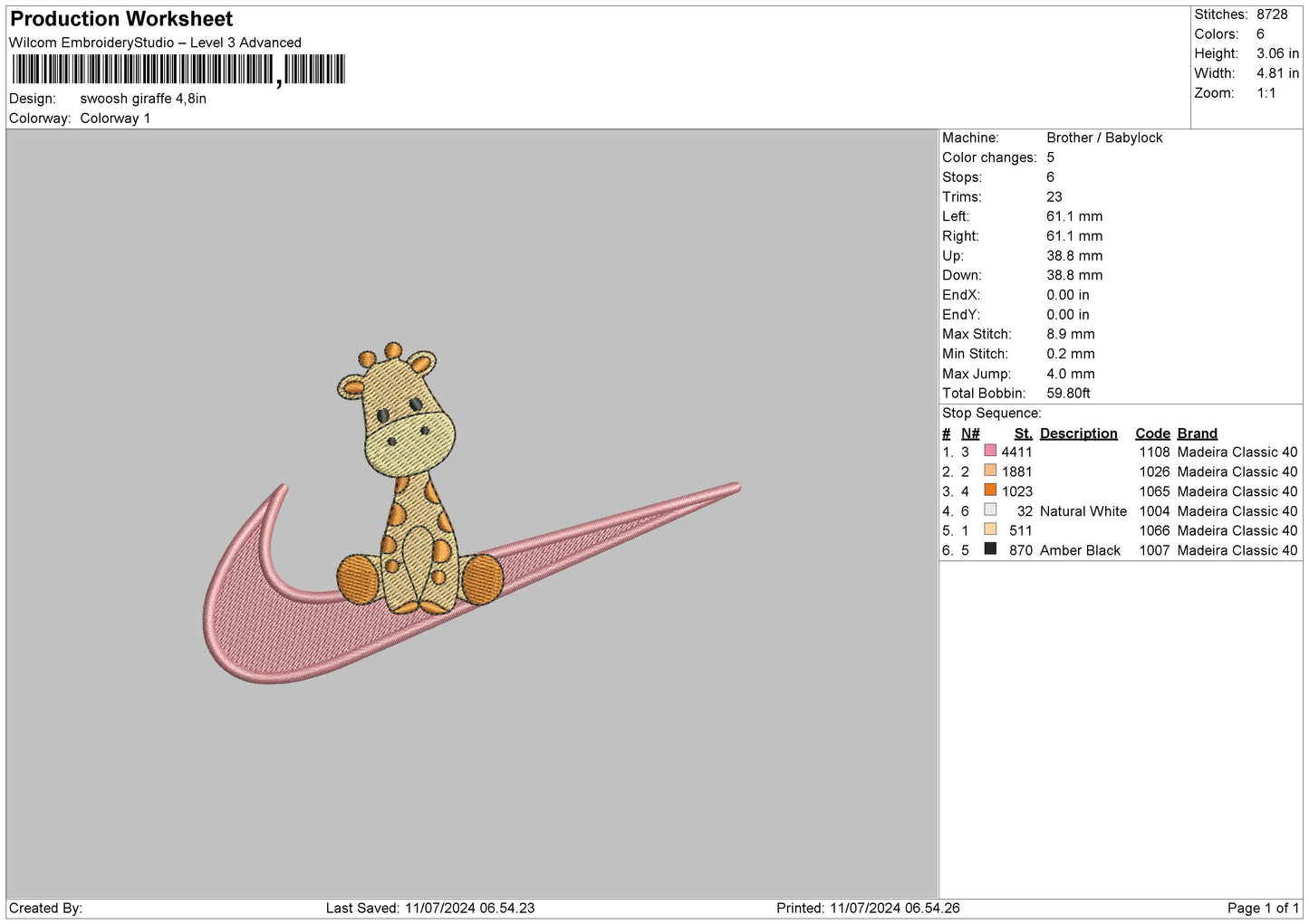 Swoosh Giraffe Embroidery File 6 sizes