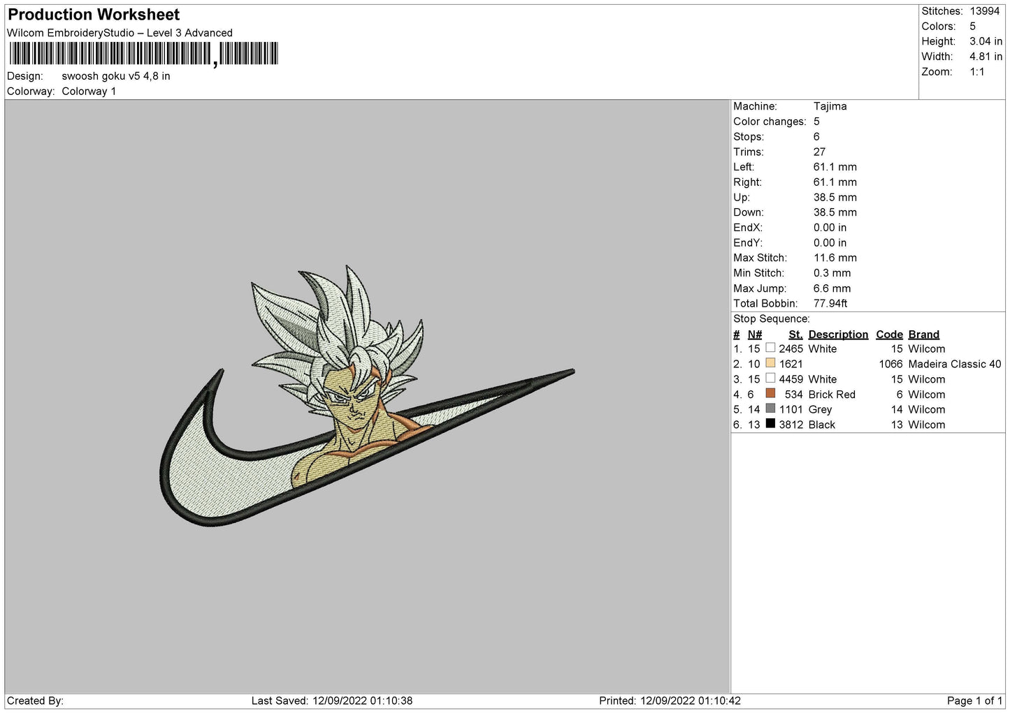 Swoosh Goku V5 Embroidery File 5 sizes