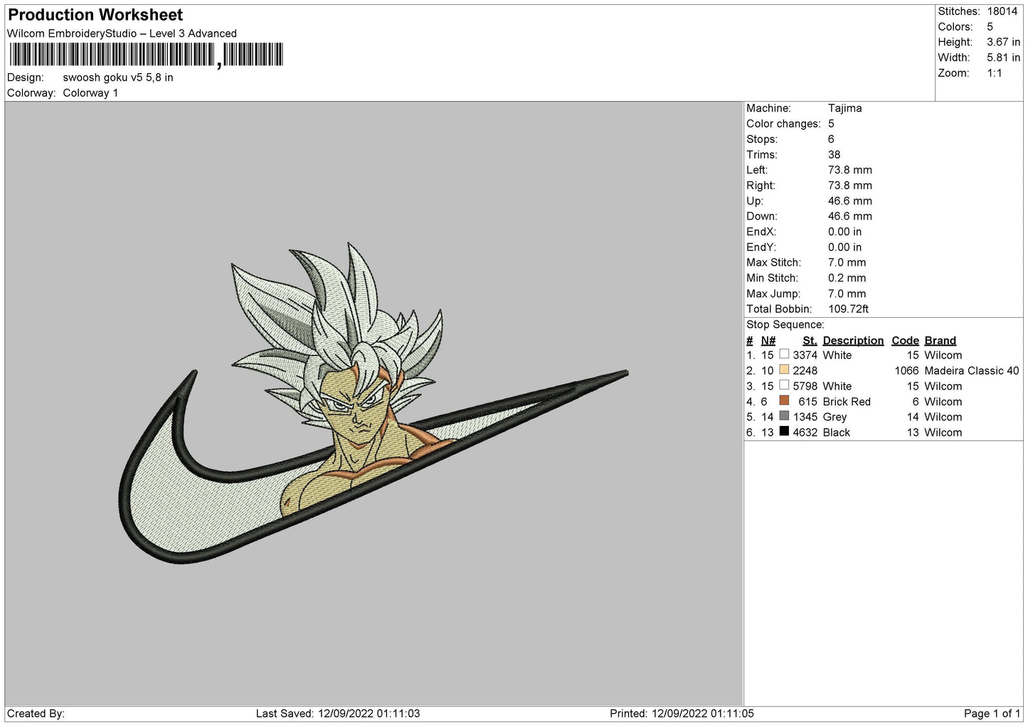 Swoosh Goku V5 Embroidery File 5 sizes