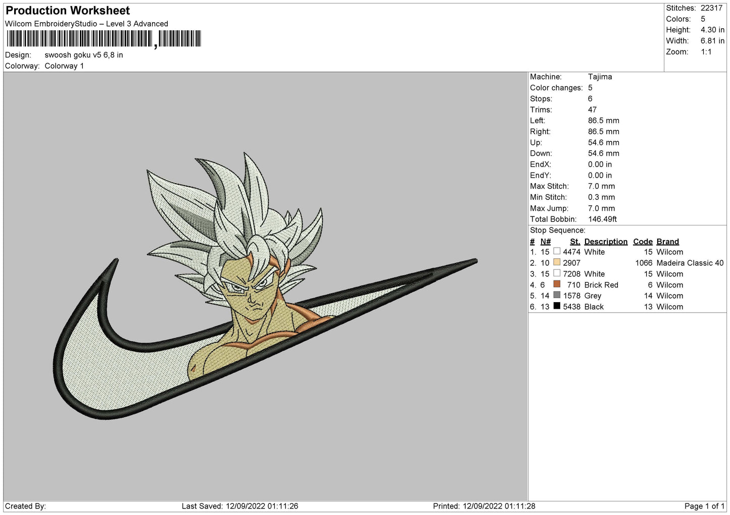 Swoosh Goku V5 Embroidery File 5 sizes