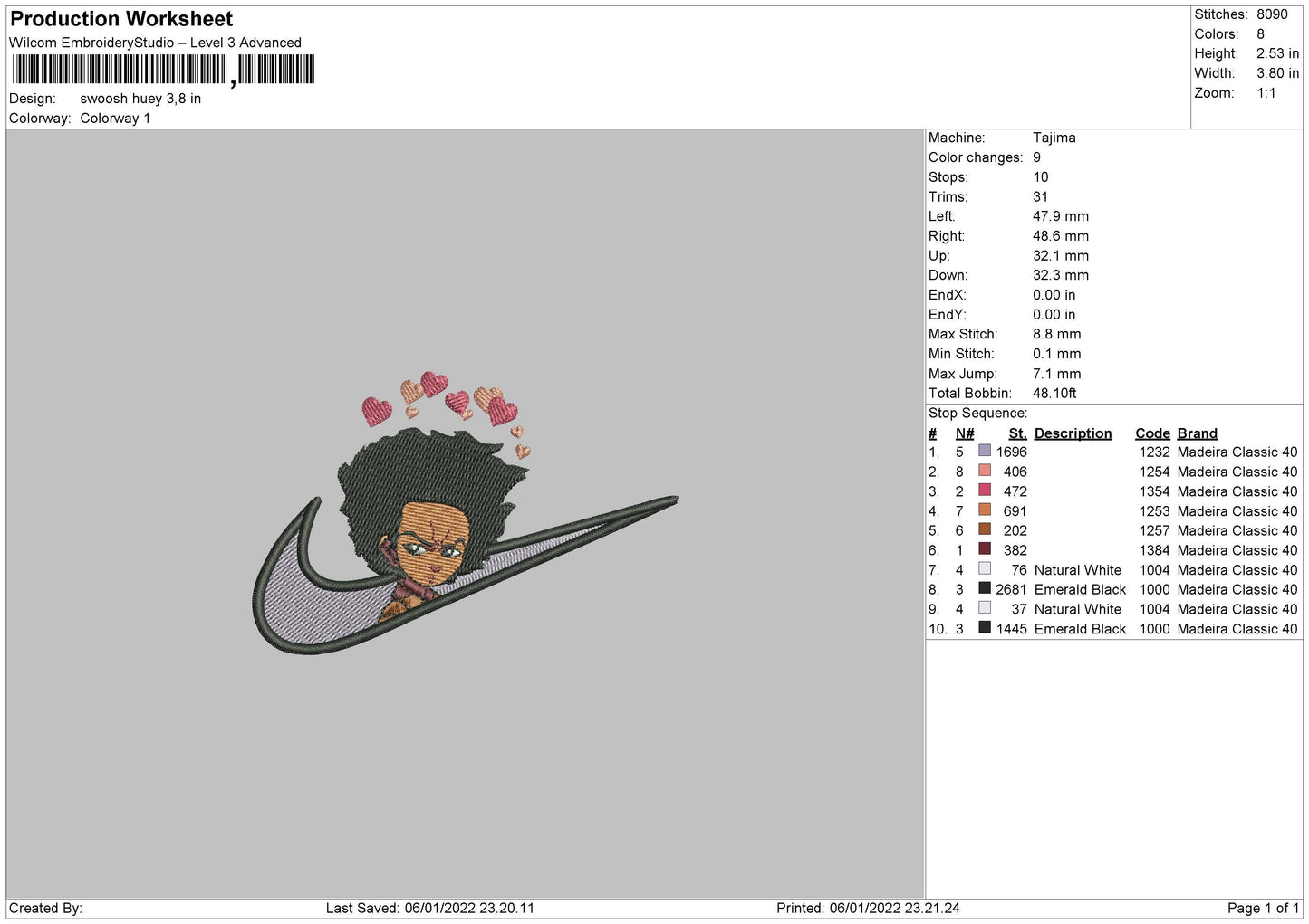 Swoosh Huey Embroidery File 4 size