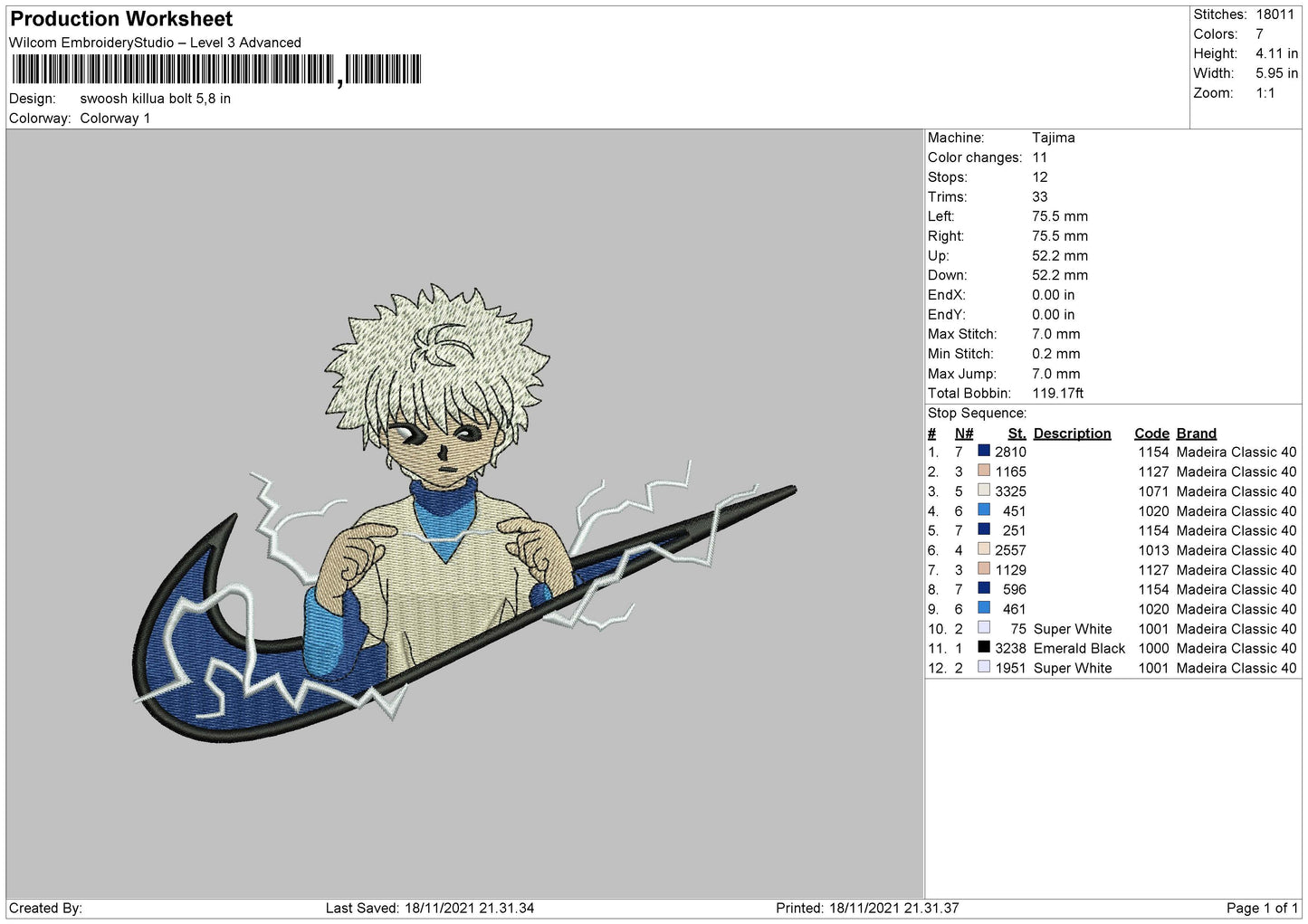 Swoosh Killua Bolt Embroidery File 4 size