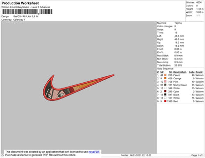 Swoosh Mulan Embroidery File 4 size