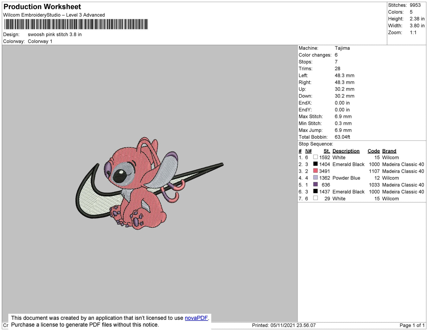Swoosh Pink Stitch Embroidery File 4 size