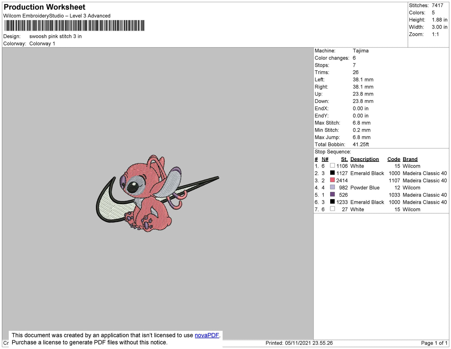 Swoosh Pink Stitch Embroidery File 4 size