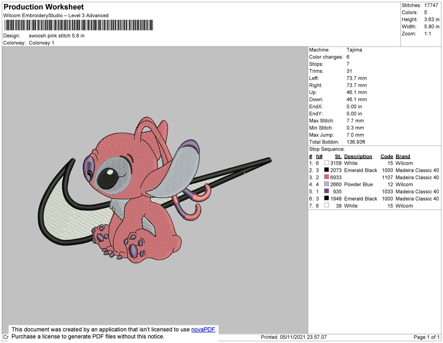 Swoosh Pink Stitch Embroidery File 4 size
