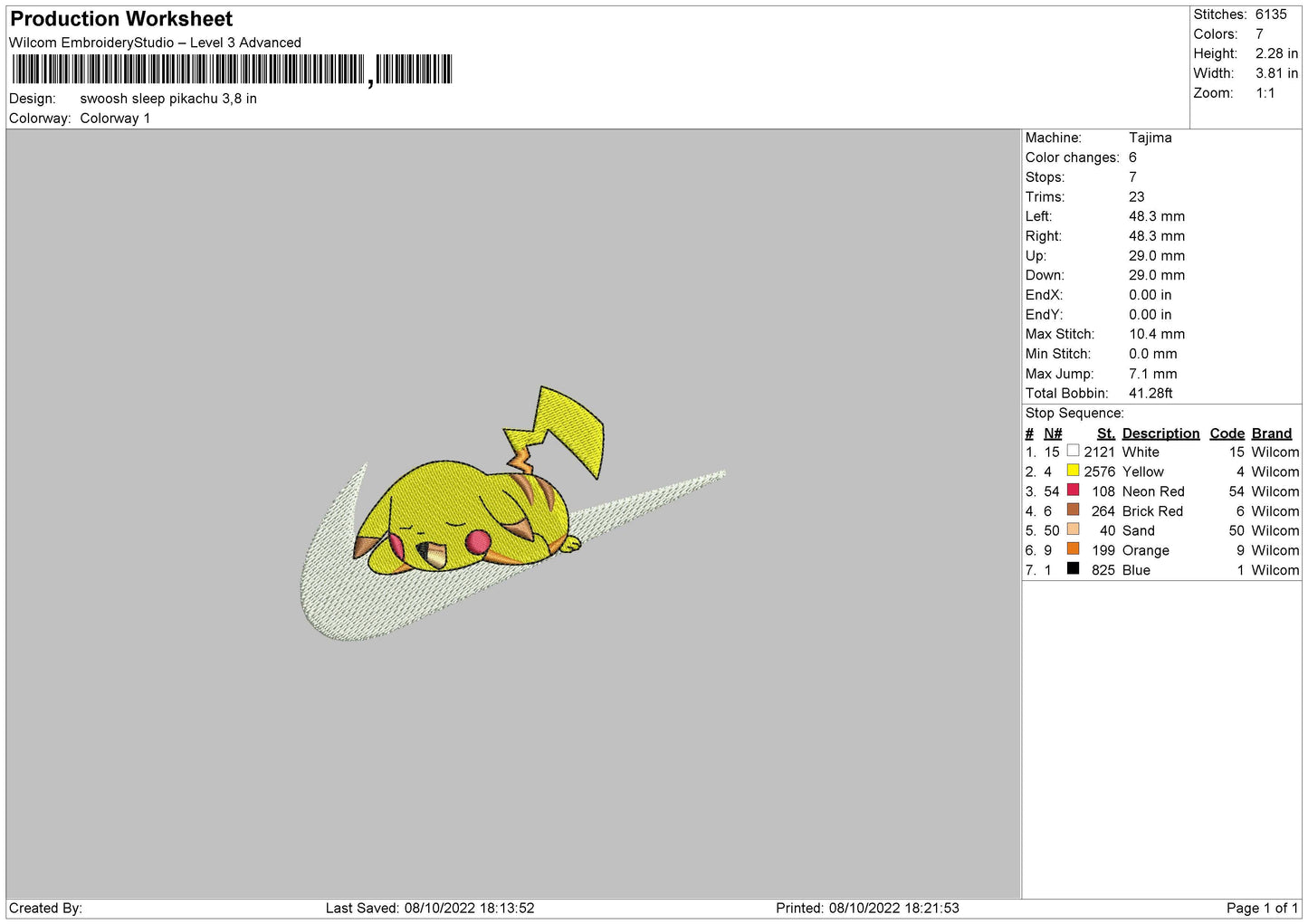 Swoosh Sleep Pikachu Embroidery File 6 sizes