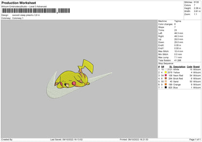 Swoosh Sleep Pikachu Embroidery File 6 sizes