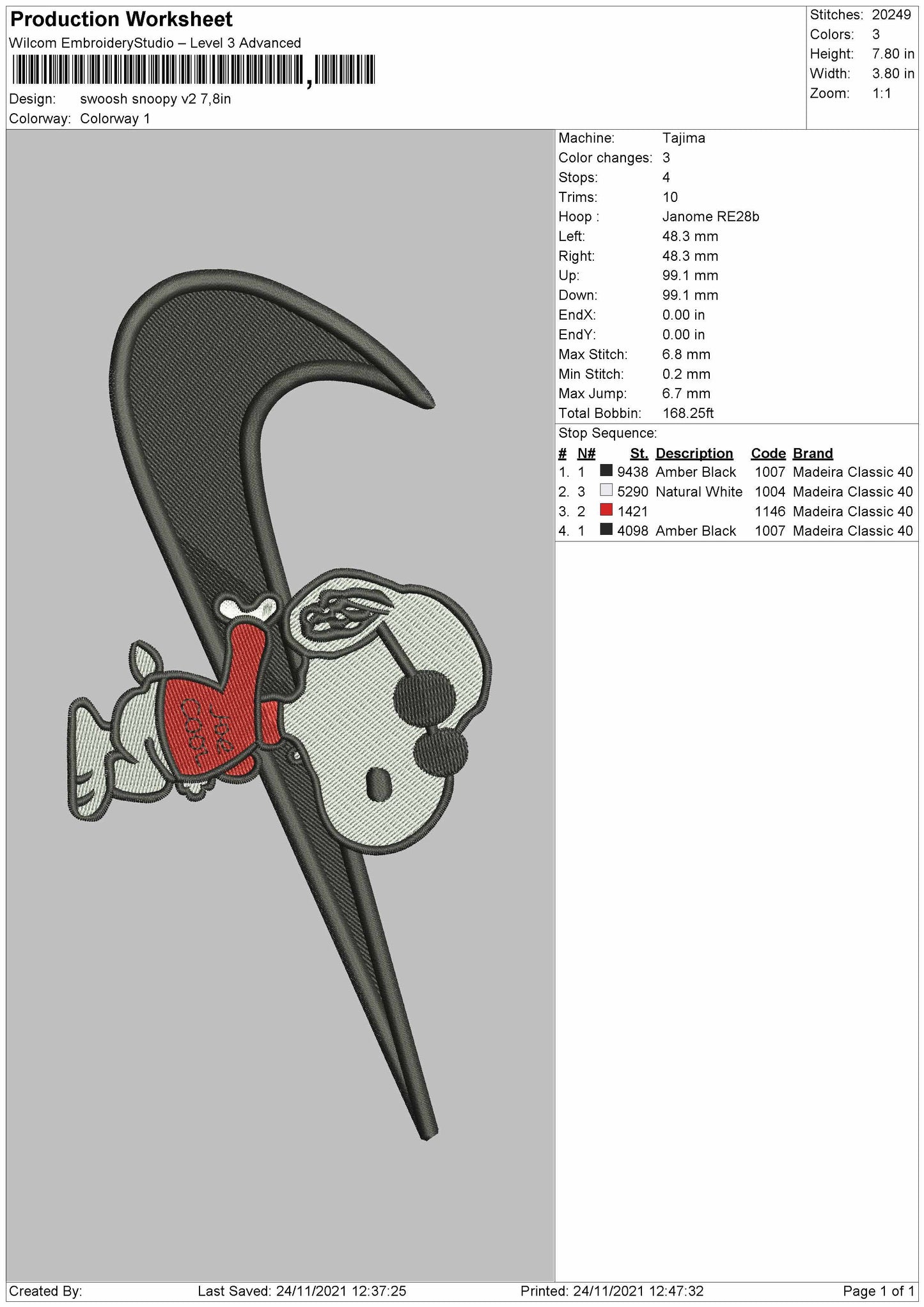 Swoosh Snoopy Embroidery File 6 size