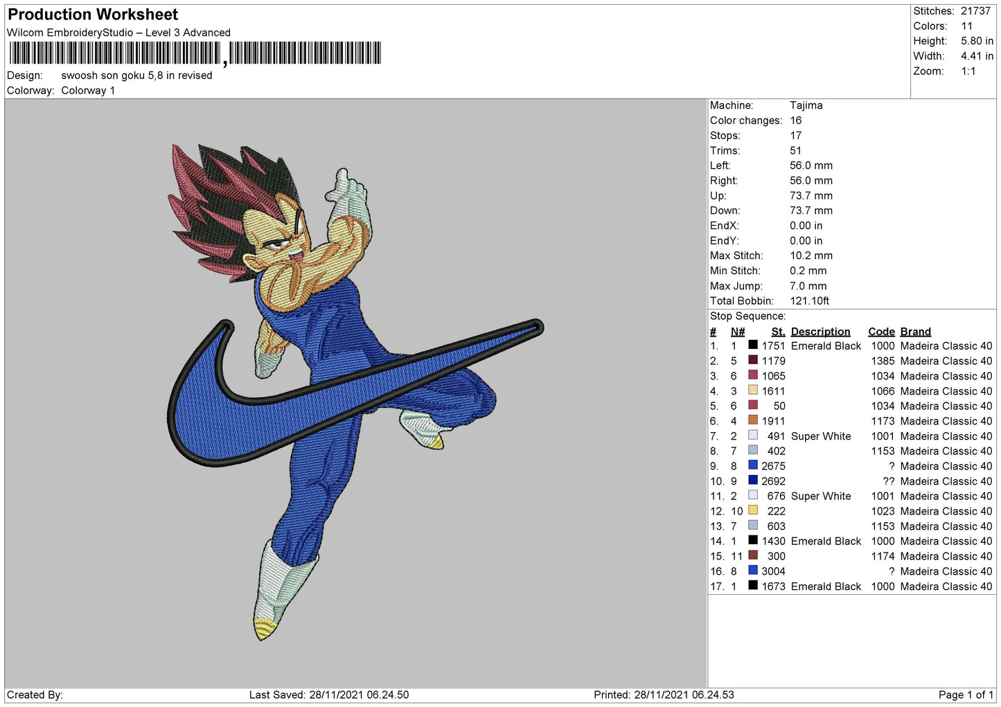 Swoosh Son Goku Embroidery File 9 size