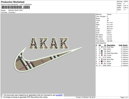 Swoosh AKAK Embroidery File 4 size