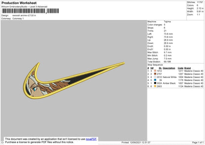 Swoosh Anime V2 Embroidery File 4 size