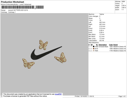 Swoosh Butterflies Embroidery File 4 size