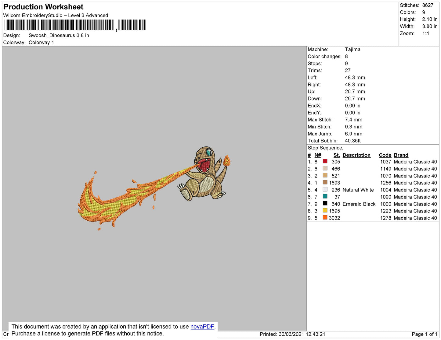 Swoosh Dinosaurus Embroidery File 6 Size