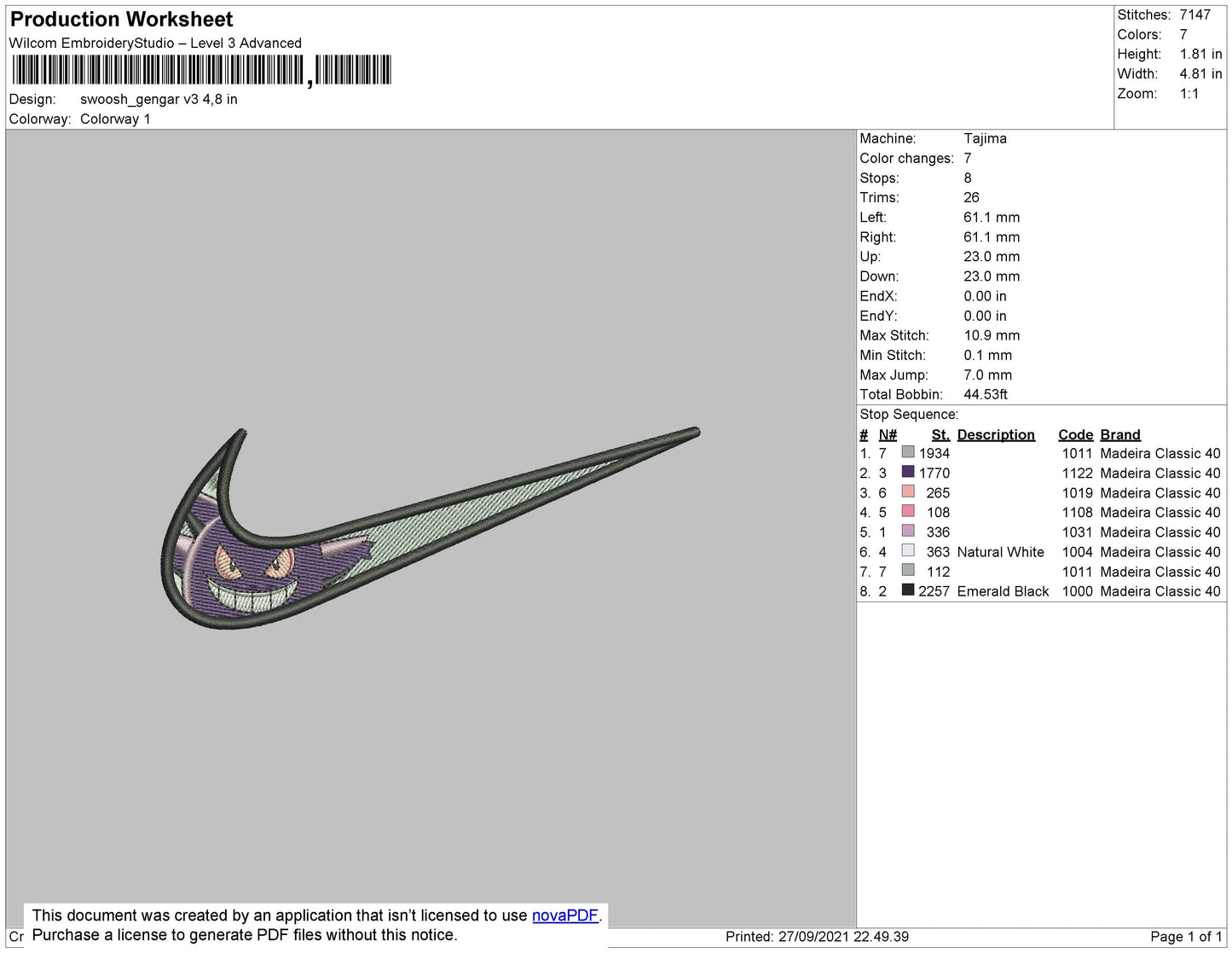 Swoosh Gengar Embroidery File 4 size