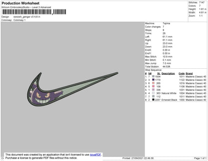 Swoosh Gengar Embroidery File 4 size