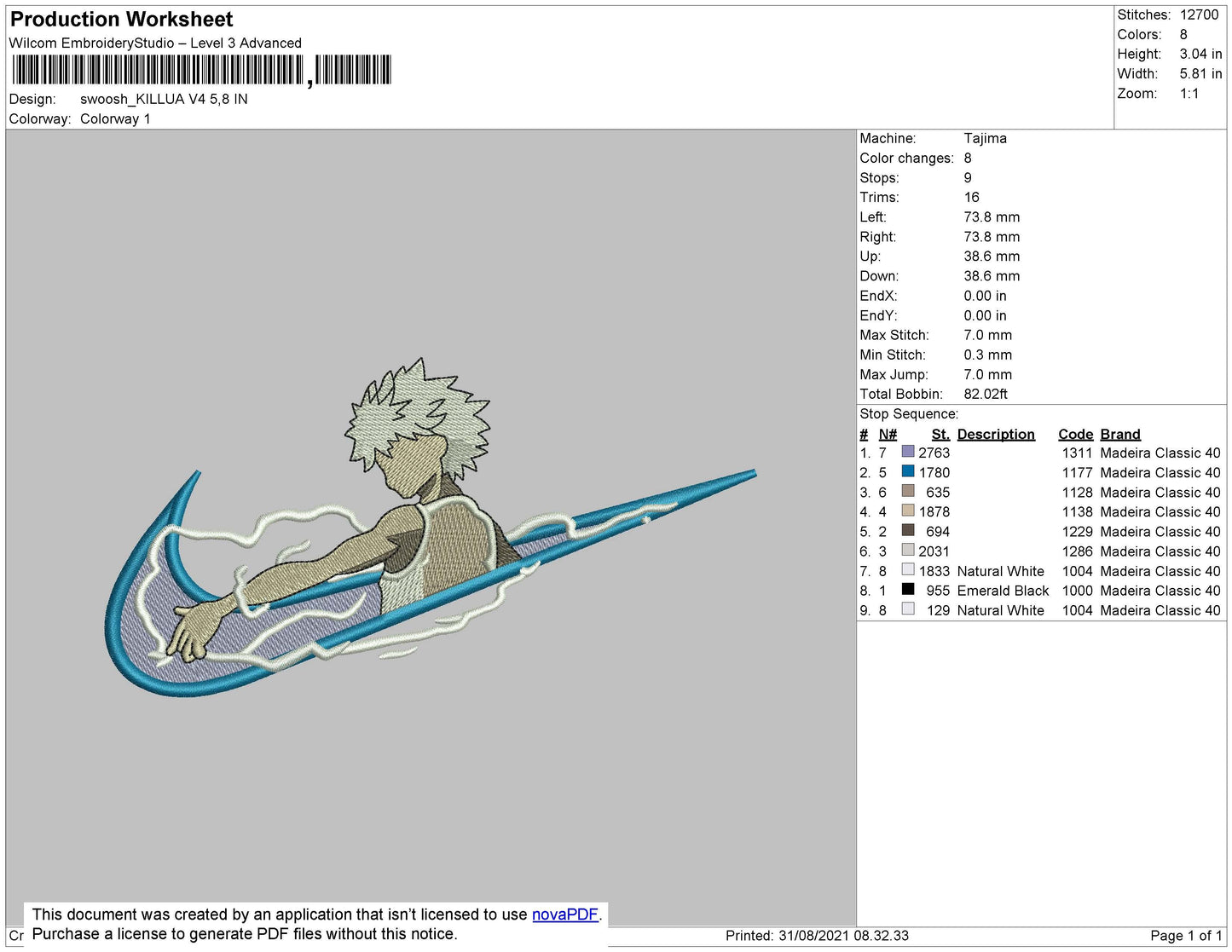 Swoosh Killua V4 Embroidery File 4 size