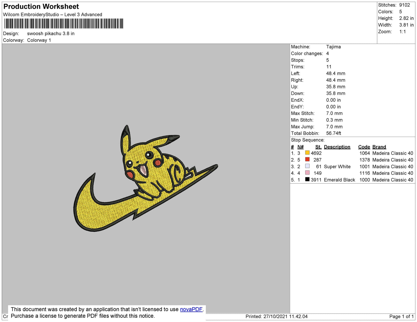 Swoosh Pikachu Embroidery File 7 size