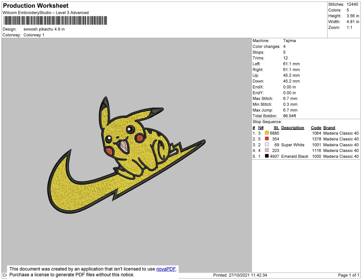 Swoosh Pikachu Embroidery File 7 size