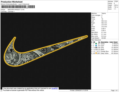 Swoosh Paisley Embroidery File 4 size