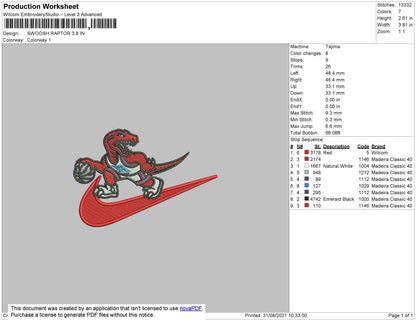 Swoosh Raptor Embroidery File 4 size