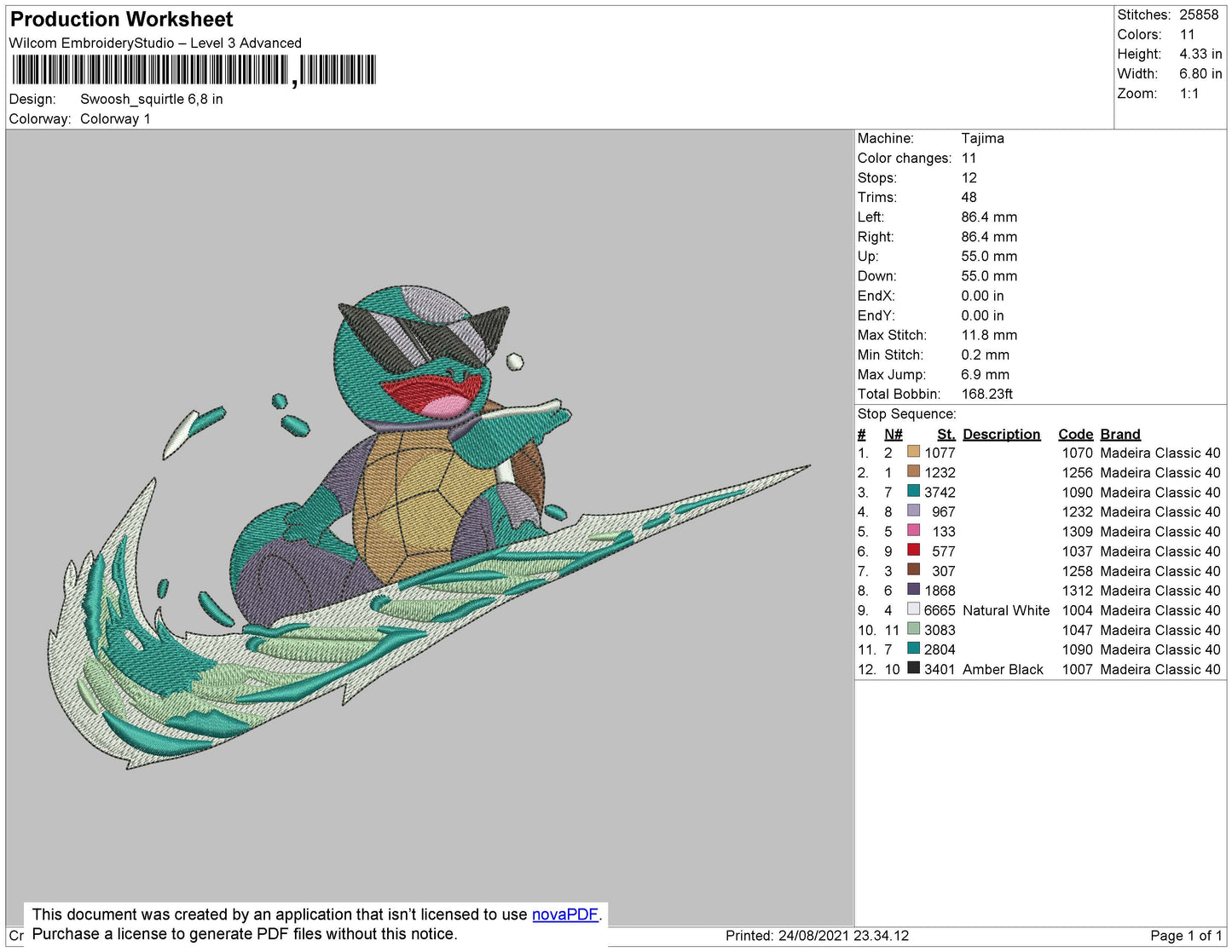 Swoosh Squirtle Embroidery Faile 4 size