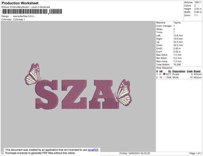 SZA Text Butterflies Embroidery File 4 size