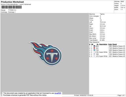 Titans Embroidery File 4 size