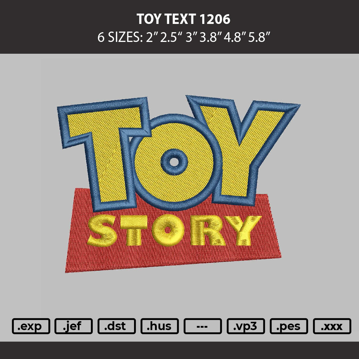 Toy Text 1206 Embroidery Machine Design File 6 sizes